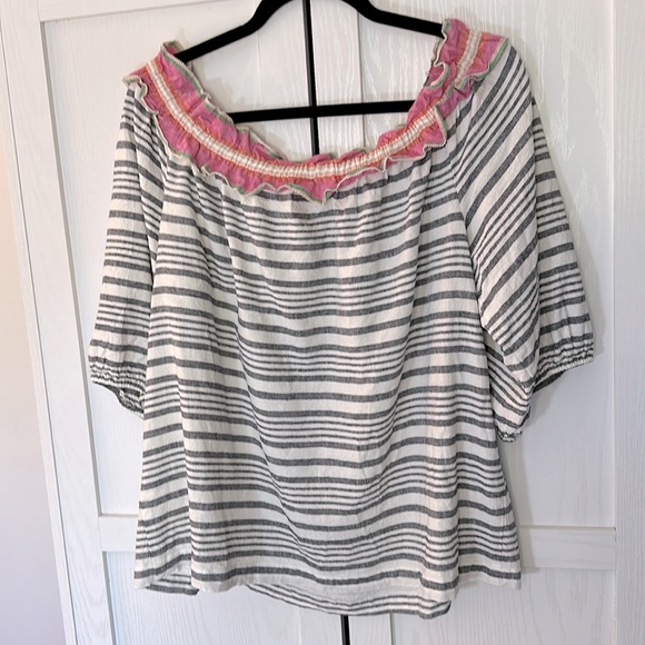 Trina Turk Coastal Linen Blend Blue and White Striped Blouse with Ruffle Size XL - Picture 2 of 5